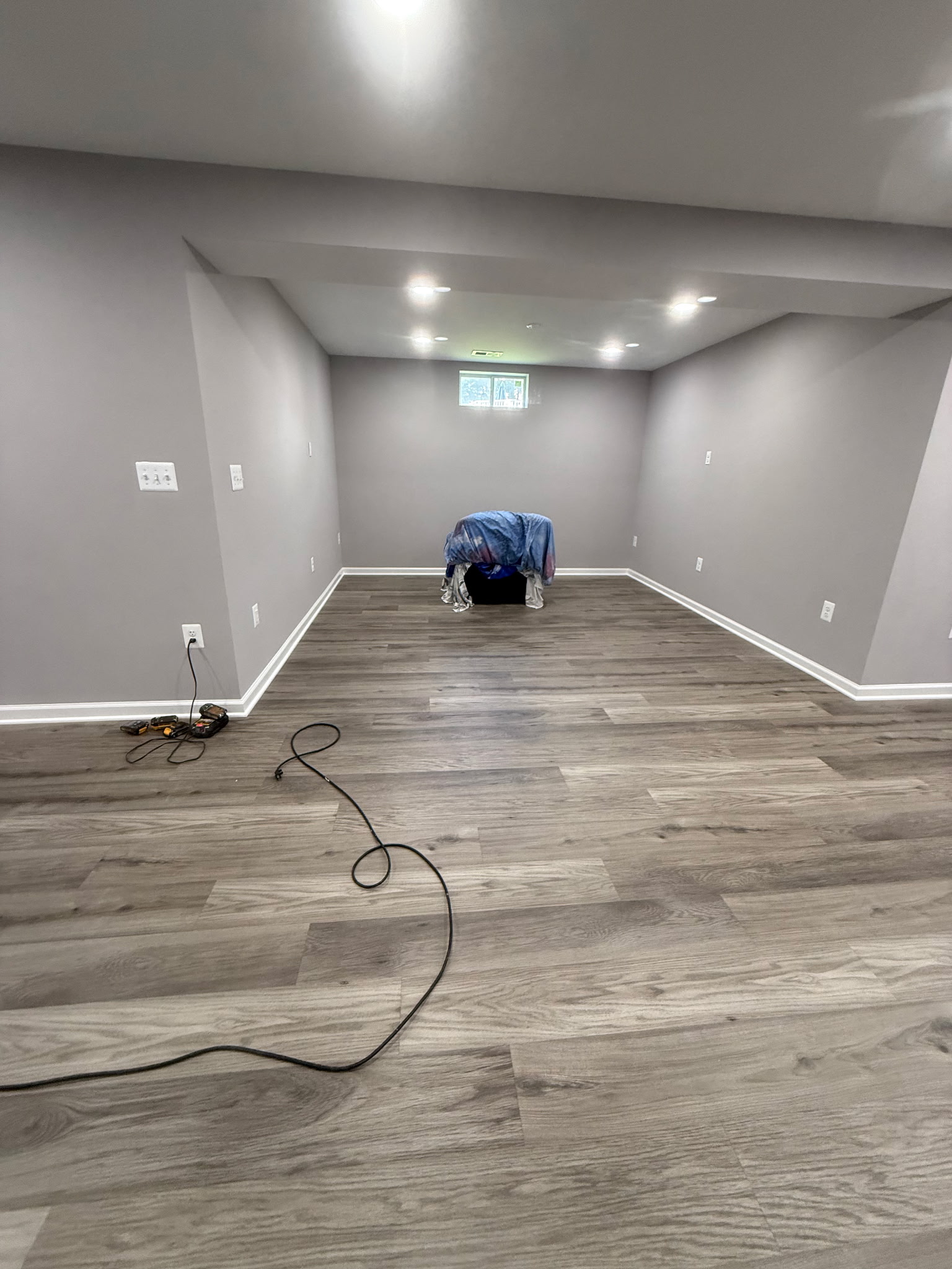 Finished basement living area with gray walls, plank flooring, white trim, and recessed lights