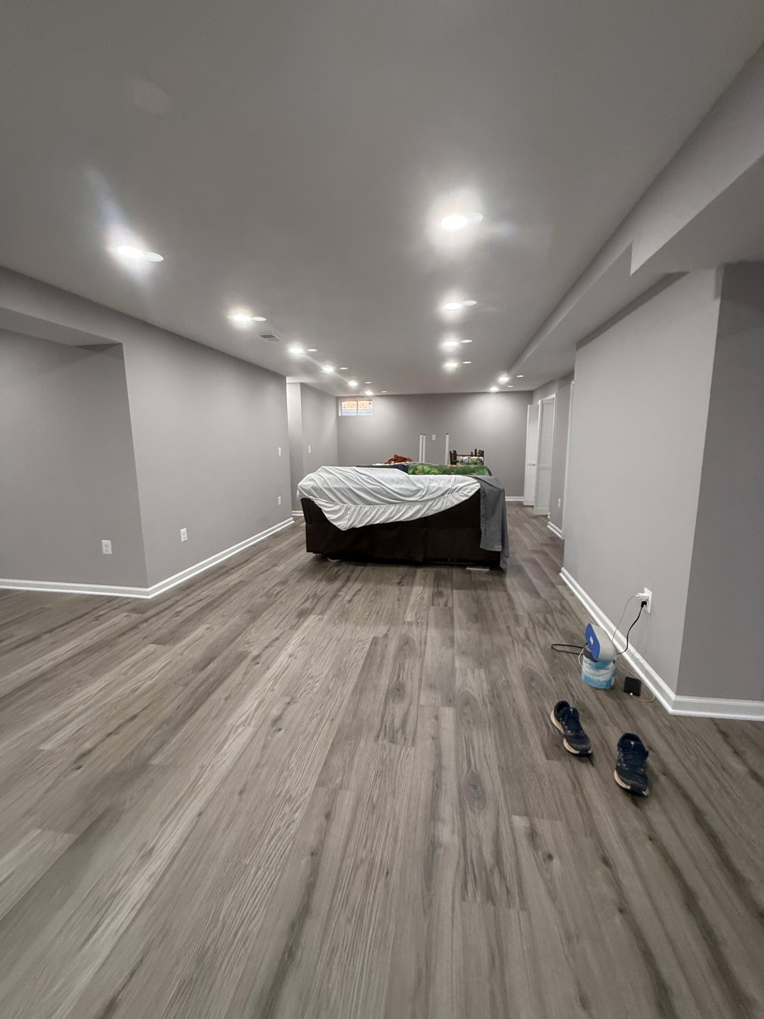 Long finished basement room with recessed lighting and plank flooring