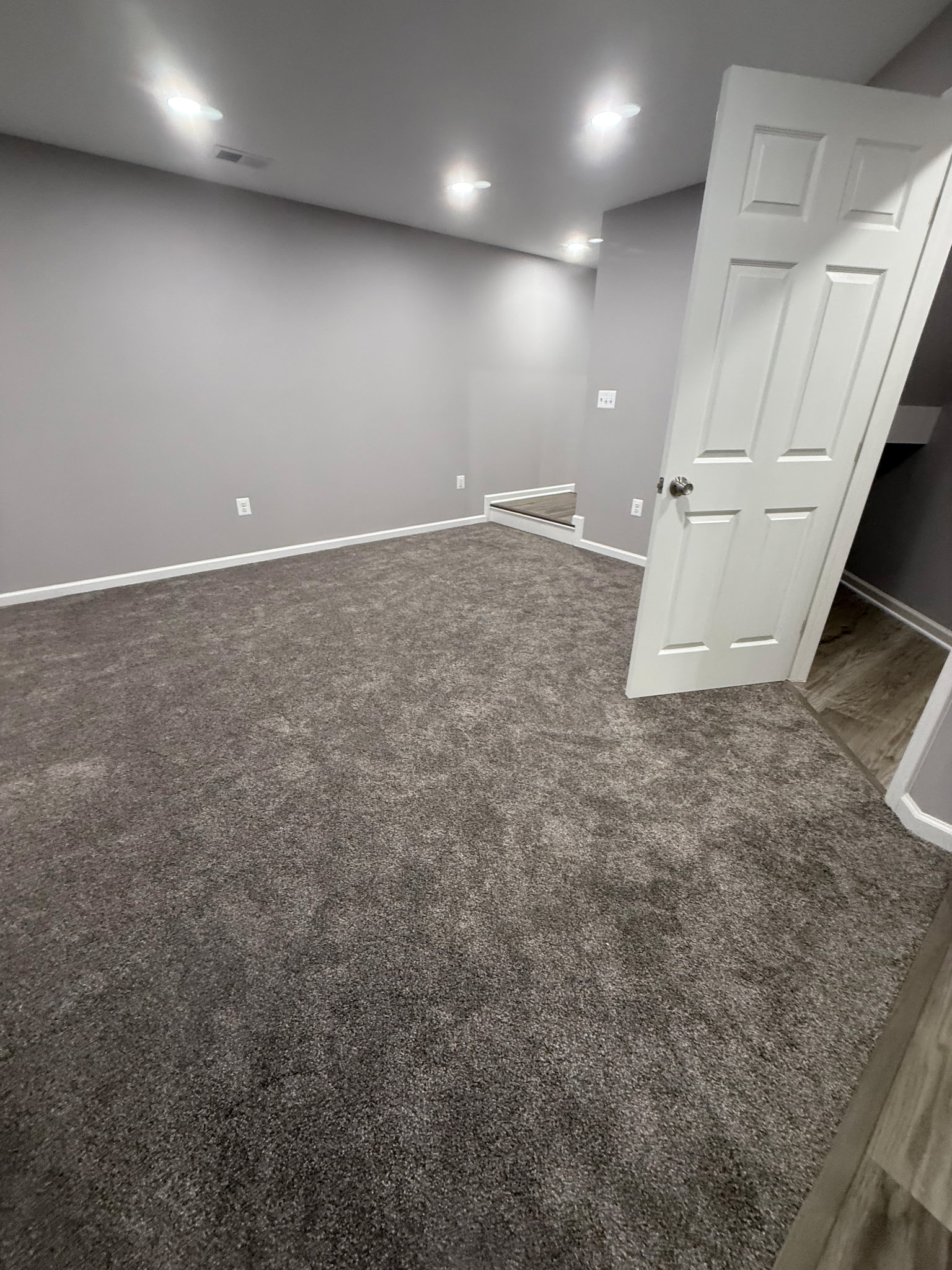 Another view of a finished basement room with carpet and recessed lighting