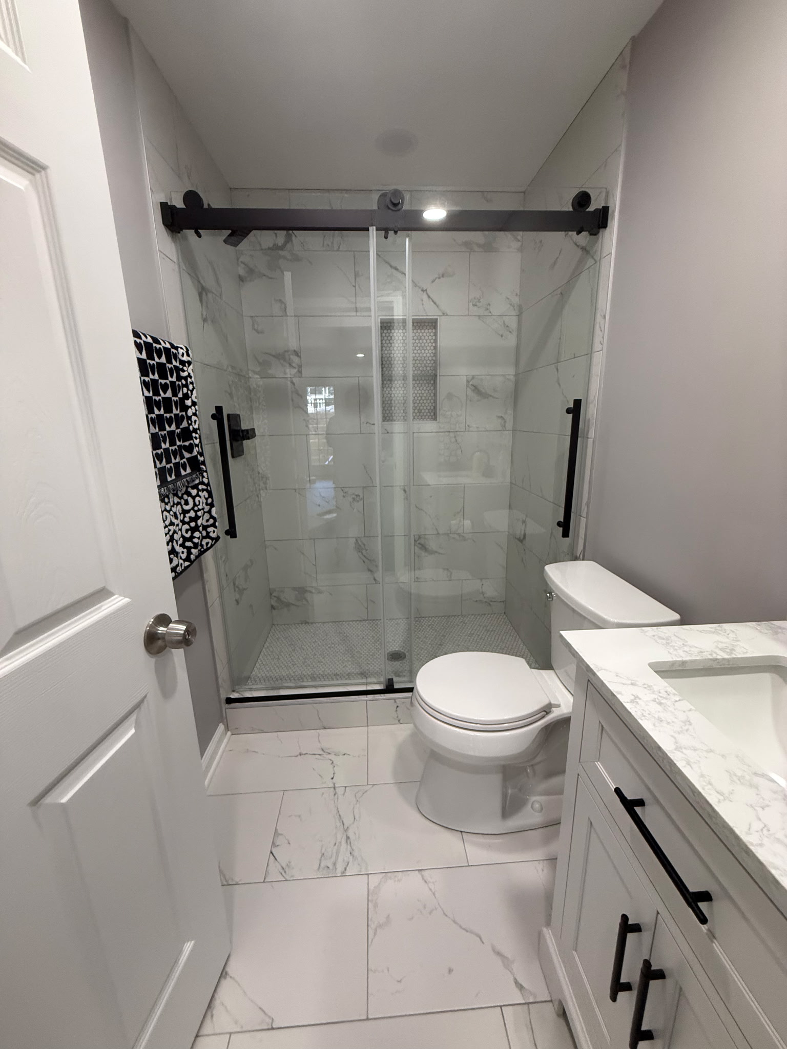 Front view of a glass-enclosed tiled shower in a finished basement bathroom