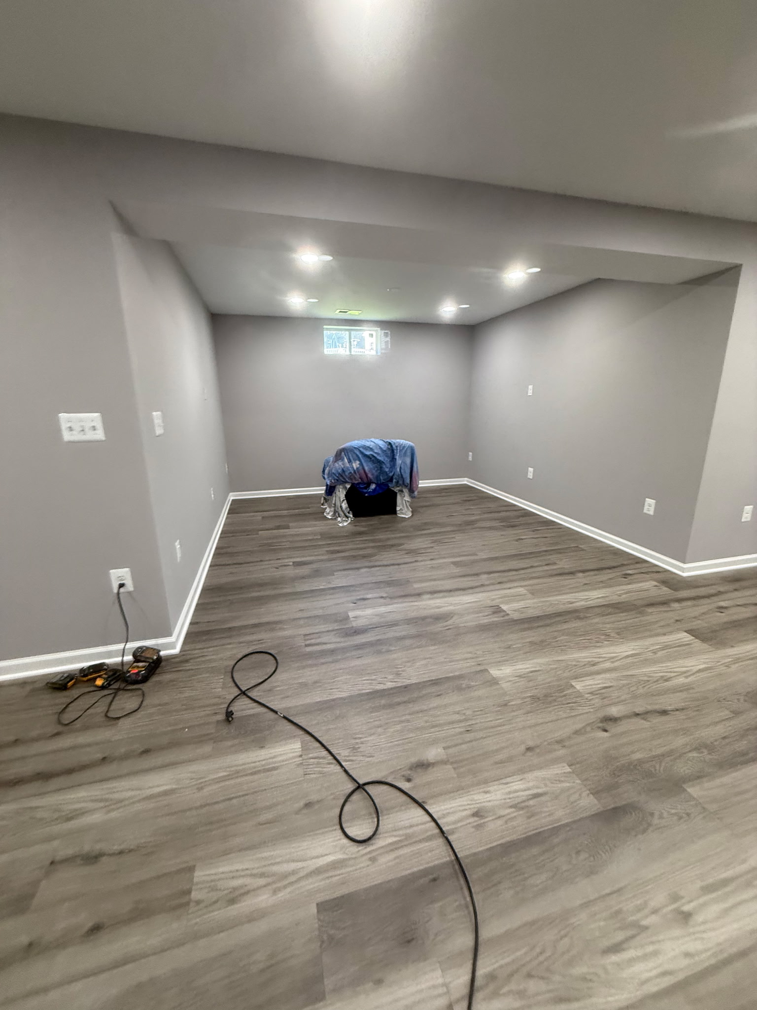 Finished basement living area with plank flooring, recessed lights, gray walls, and white trim